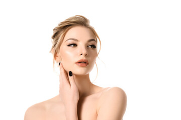 Wall Mural - naked beautiful blonde woman with makeup and black nails touching neck isolated on white