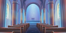Cathedral Church View Inside. Interior Of Catholic Church. Cartoon Vector Illustration