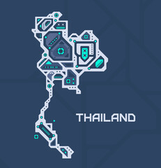 abstract futuristic map of thailand. mechanical circuit of the country. technology space background.