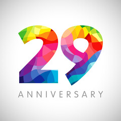 Wall Mural - 29th anniversary numbers. 29 years old logotype. Bright congrats. Isolated abstract graphic design template. Creative 2, 9 sign 3D digits. Up to 29%, -29% percent off discount. Congratulation concept.