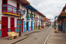 Main Commercial Street With Spanish Colored Balconies And Houses At Salento, Colombia