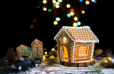 Wall Mural - Beautiful gingerbread house with windows and doors, twigs of spruce, typewriter, snow, lights, bumps.