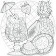 © Екатерина Власенко - Fruit cocktail. Coconut, pineapple, papaya.Sweets.Coloring book antistress for children and adults. Black and white drawing.