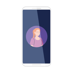 Sticker - smartphone with picture woman in screen, on white background