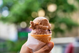close up shot of a famous traditional nutty ice cream in Krakow, Poland against blurred background