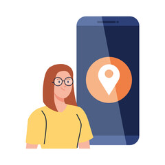 Sticker - social media concept, woman with gps location app in smartphone vector illustration design