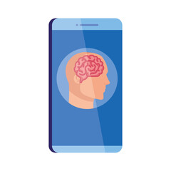 Canvas Print - mental health assistance online in smartphone, silhouette of human profile with brain, on white background vector illustration design