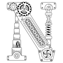 Vector Steampunk coloring book for adults. Mechanical letter alphabet made of metal gears and various details on white background. Capital letter N from the alphabet of gears