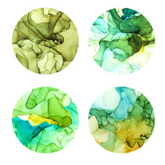 Wall Mural - Round posters set, wet watercolor background, green shades