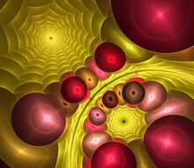 Abstract Fractal Background With Red Balls And Yellow Spirals. 3D Rendering. 3d Illustration