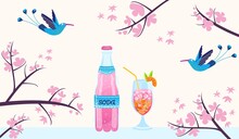 Tropical Birds, Summer Drinks Vector Illustration. Cartoon Summer Fresh Drinking Soda Cocktail, Cute Floral Pink Flowers On Tree Branches And Exotic Flying Birds, Summertime Tropic Holiday Background