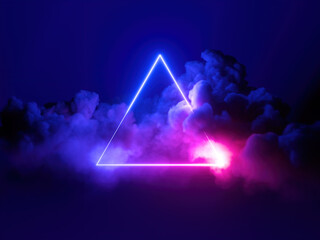 Wall Mural - 3d render, abstract minimal background, pink blue neon light triangular frame with copy space, illuminated stormy clouds, glowing geometric shape.