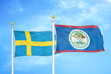 Sweden and Belize two flags on flagpoles and blue sky