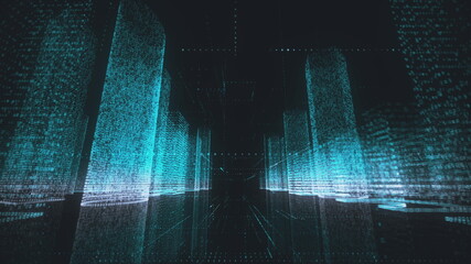 Digital technology and business concept background of dark abstract neon city in azure and white colors consist of symbols. 3D rendering 4k video.