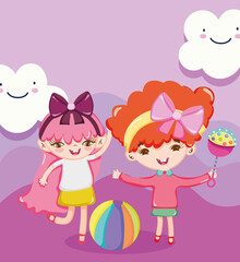 Poster - toys object for small kids to play cartoon, cute little girls with rattle and ball