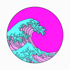 Wall Mural - Great Wave off Kanagawa in Vaporwave Pop Art style. View on the ocean's crest leap.