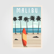 malibu california beach vintage vector illustration design, surf travel poster template