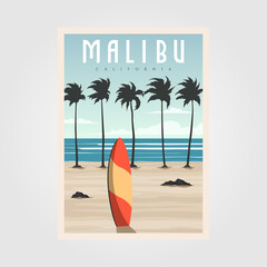 Wall Mural - malibu california beach vintage vector illustration design, surf travel poster template