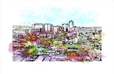 Building view with landmark of Albuquerque, New Mexico’s largest city, sits in the high desert. Watercolor splash with hand drawn sketch illustration in vector.