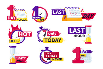 Canvas Print - Time left set. Isolated clock, timer, calendar and hourglass with hour and day time left count down sign stickers. Countdown badge icon collection. Sale shopping offer vector illustration