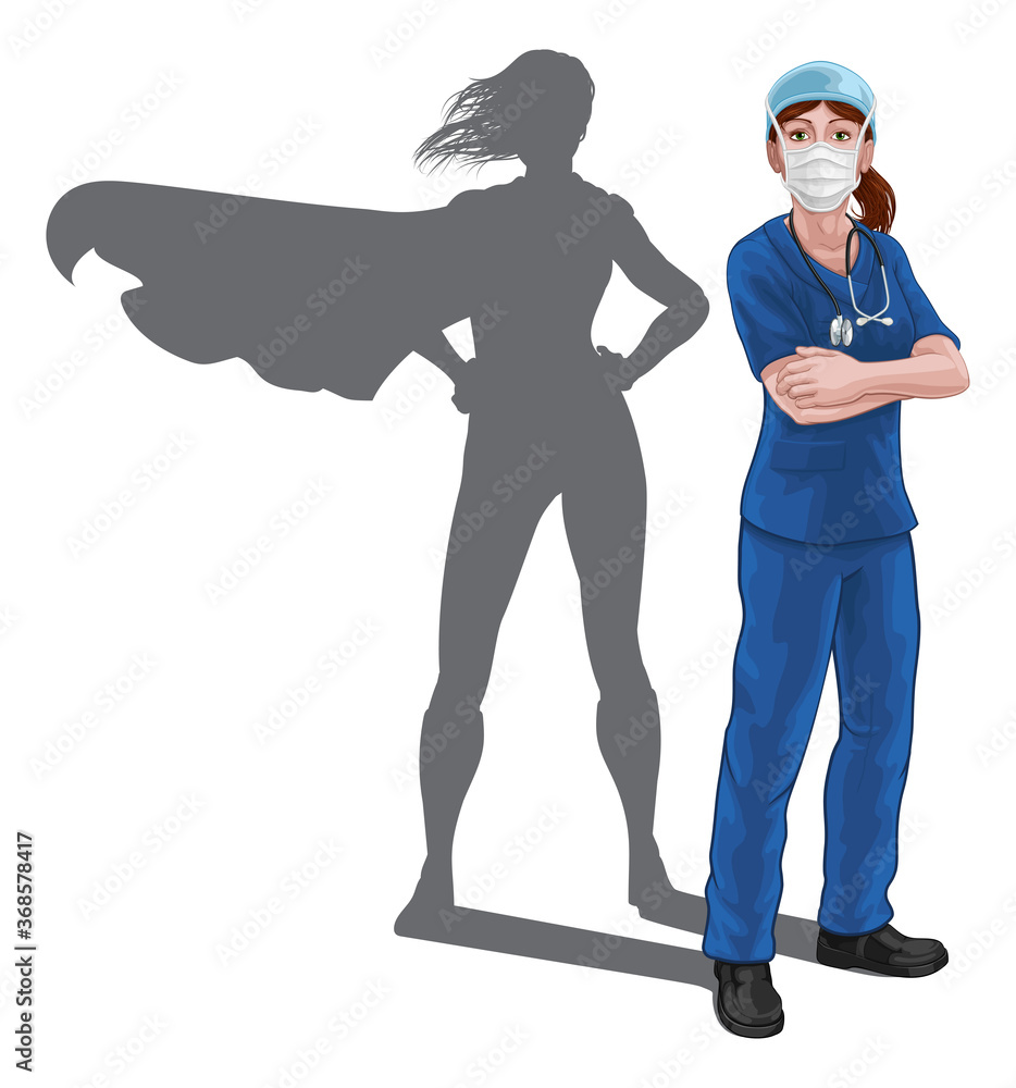 A nurse or doctor super hero woman in surgical or hospital scrubs with stethoscope and mask PPE. With arms folded and serious but caring look. Revealed as a superhero by the shape of her shadow. - obrazy, fototapety, plakaty 