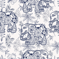 Wall Mural - hand drawn tropical flowers, jungle plants and stylized elephants