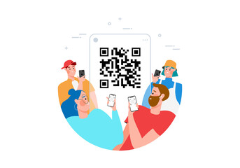 Qr code scanning concept with people scan code using smartphone for payment flat vector illustration. Hand with pnone and scanning barcode