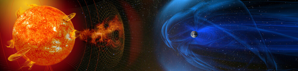 magnetic lines of force surrounding earth known as the magnetosphere deflecting solar wind and radia