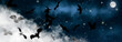 The witch sitting on the broom flyes through clouds up above the sky with Moon and stars shining on it. Old hag surrounded by bats on the night space background. Halloween vector  illustration.