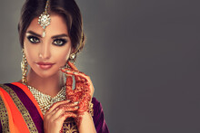 Portrait Of A Beautiful Indian Girl  .India Woman In Traditional Sari Dress And Jewelry.