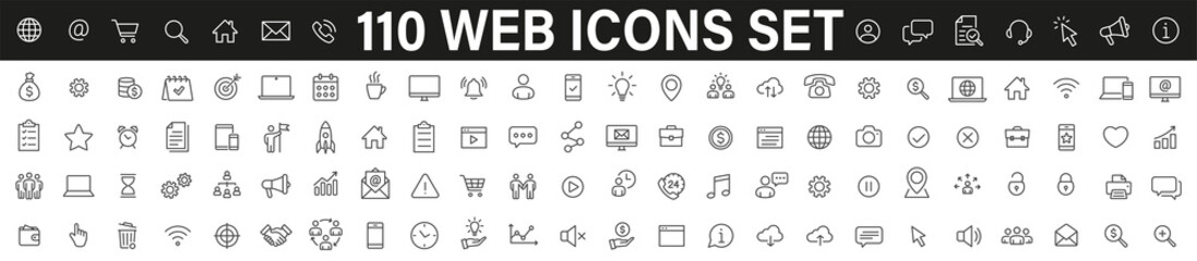 Simple set of 110 Web icons thin line icons. Contains such Icons as Marketing, Technology, User interface, Management, Message, Web Development and more. Linear pictogram - stock vector.