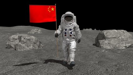 Wall Mural - astronaut walking on the moon with chinese flag. cg animation. some elements of this video furnished