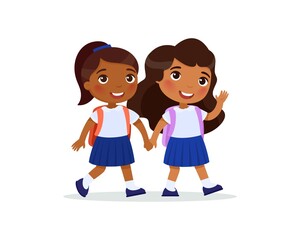 Wall Mural - Two schoolgirls going to school flat vector illustration. Couple pupils in uniform holding hands isolated cartoon characters. Two dark skin elementary school students with backpacks waving hand