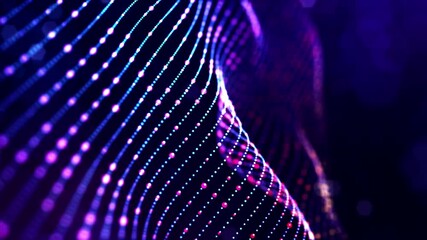 Wall Mural - glow blue particles form lines, surfaces, complex string structures in smooth motion like in microwo