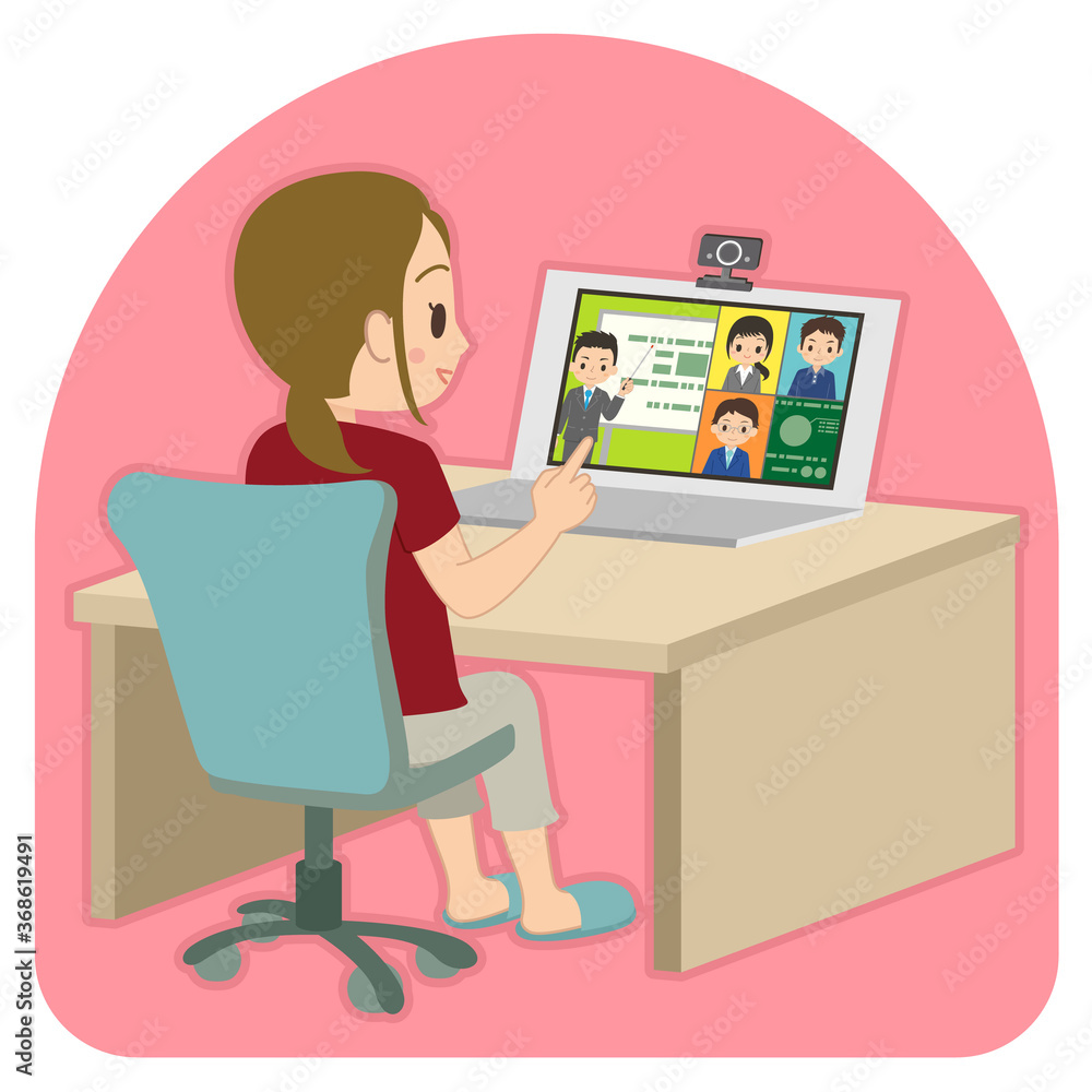 パソコンを使ってテレワークでオンライン会議をする女性会社員 イラスト Fototapety