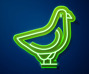 Sticker - Glowing neon line Dove icon isolated on blue background. Vector.