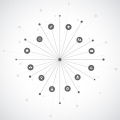 Information technology background with infographic elements and flat icons. Digital technology, network connection and communication concept. Vector illustration.