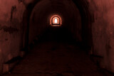 Fototapeta Desenie - Exit from a mysterious underground corridor illuminated by an ominous red light.
