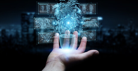 Fototapete - Man hand holding and touching holographic projection of a plant with digital analysis 3D rendering