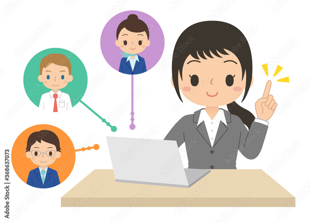 パソコンを使ってオンラインで仕事を共有する女性会社員 テレワーク イラスト Dcn Gallery
