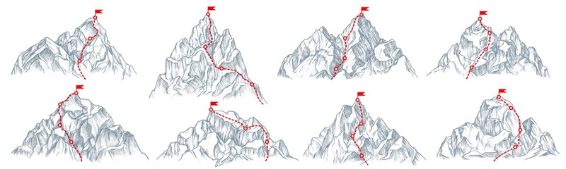 Mountain route set. Isolated climbing mountain route with flag on top icon collection. Mountain peak path, travel direction. Vector business success and goal concept