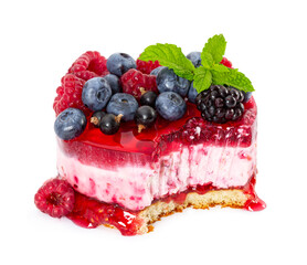 Wall Mural - Cheesecake with fresh berries, mint, jelly and raspberries jam