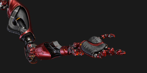 Sticker - Prosthetic red robotic arm, 3d rendering in opened palm position on black background