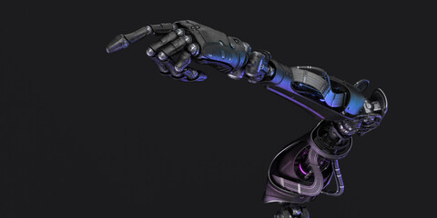 Wall Mural - Sci-fi robotic arm pointing with index finger, 3d rendering on dark background