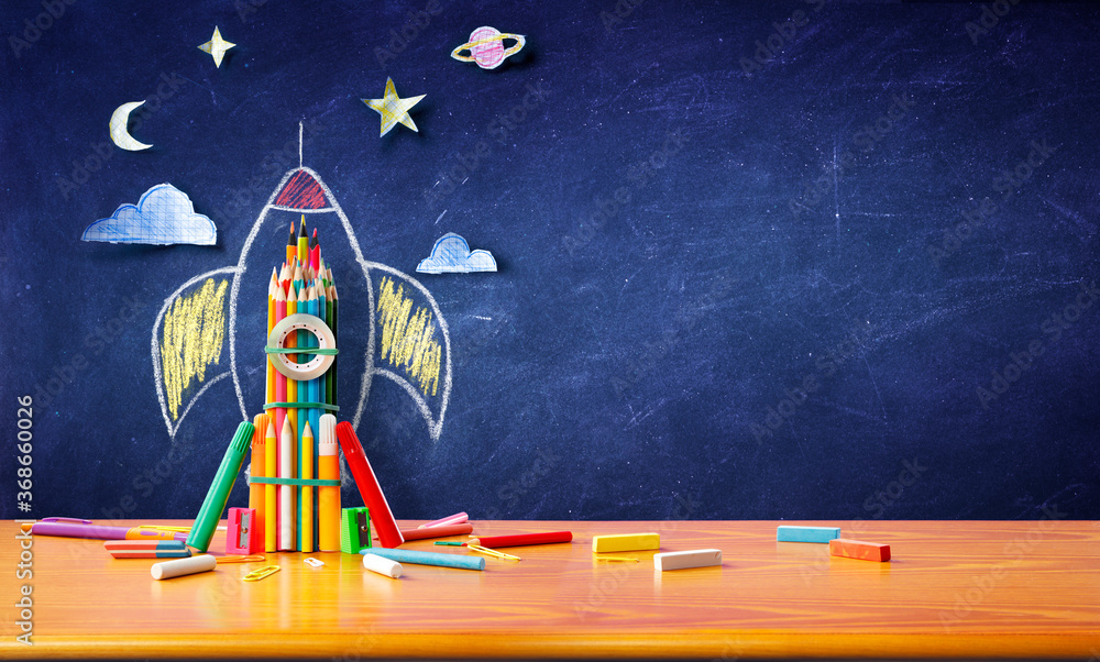 Startup Concept - Rocket Sketch On Blackboard With Colorful Pencils - Back To School - obrazy, fototapety, plakaty 