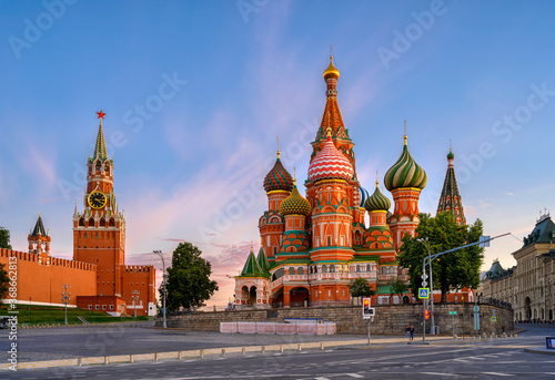 Saint Basil's Cathedral, Spasskaya Tower and Red Square in Moscow, Russia. Architecture and landmarks of Moscow. © Ekaterina Belova