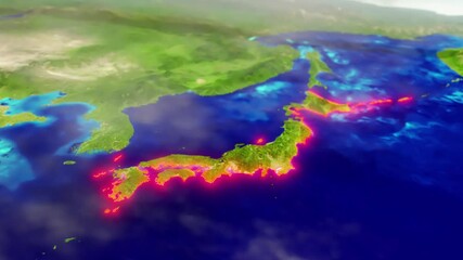 3D CGI Map of Japan With Mountain Relief, Depth of Field & Red Glow Borders Traced