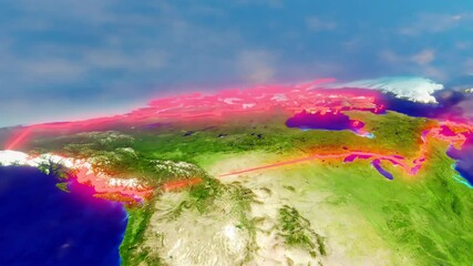 3D CGI Map of Canada With Mountain Relief, Depth of Field & American Borders Traced with Red Glow