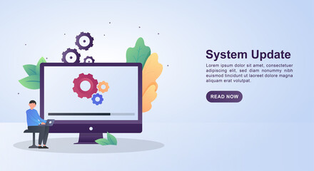 Illustration concept of system update with gears and updating on screen.
