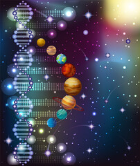  Deoxyribonucleic acid DNA planets solar system, wallpaper vector illustration